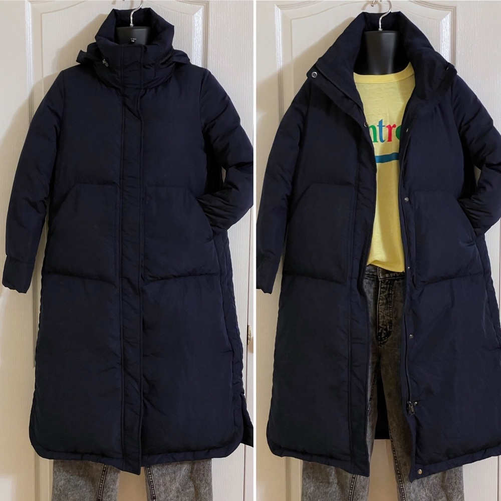 EUC PEACEBIRD midi length down puffer parka coat with hidden hood, navy blue